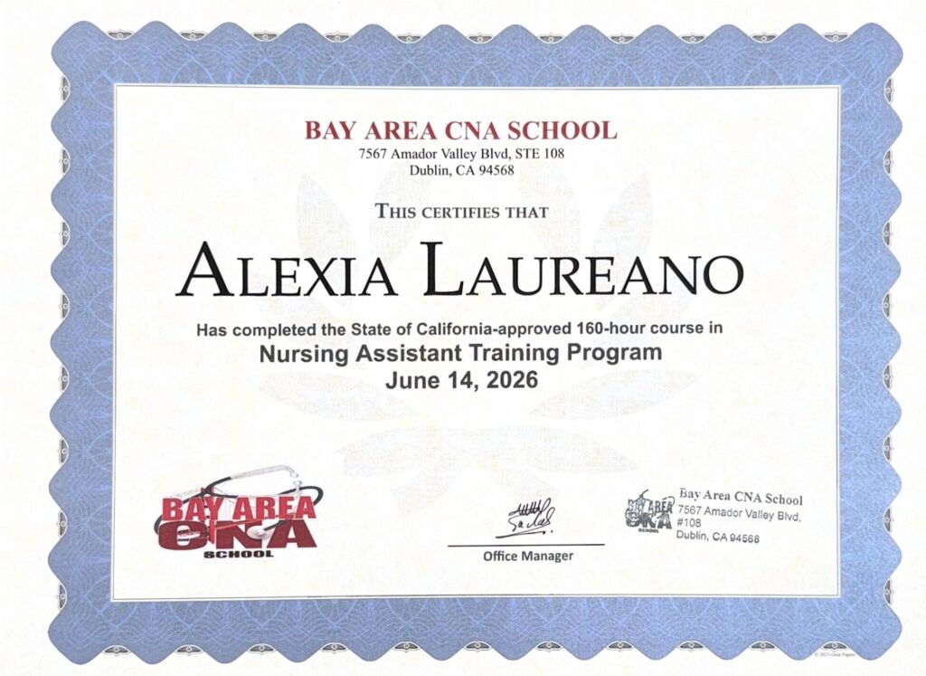 Certificate awarded to Alexia Laureano for completing a California State-approved 160-hour Nursing Assistant Training Program on June 14, 2026.